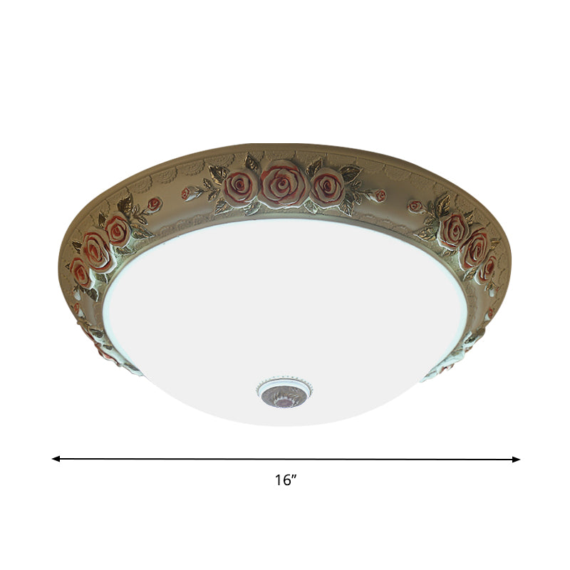 White Glass Flush-Mount Light Fixture Domed Design LED Vintage Ceiling Lighting with Floral Accent, 12