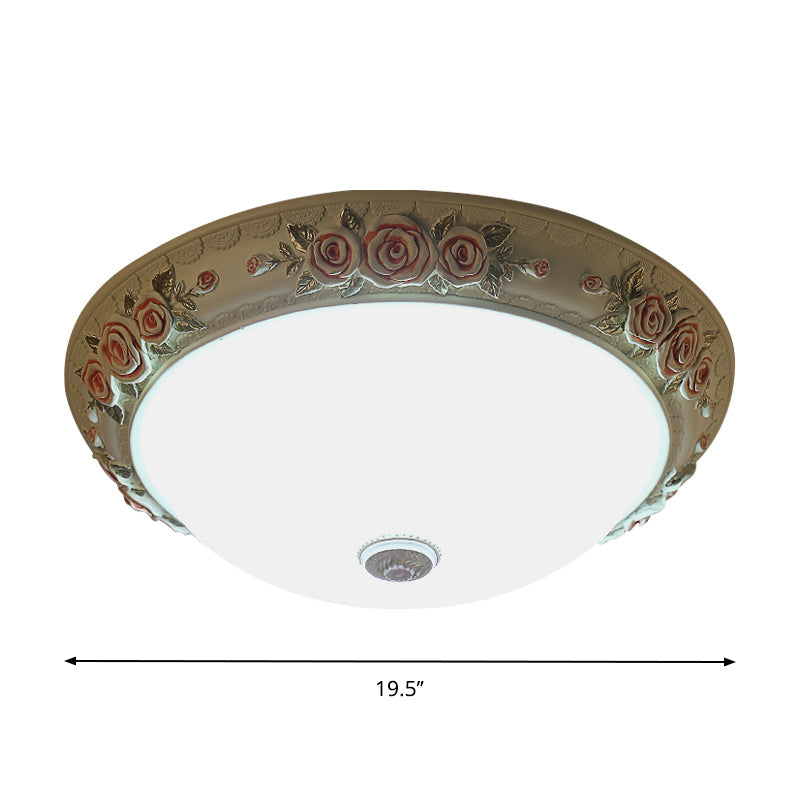 White Glass Flush-Mount Light Fixture Domed Design LED Vintage Ceiling Lighting with Floral Accent, 12