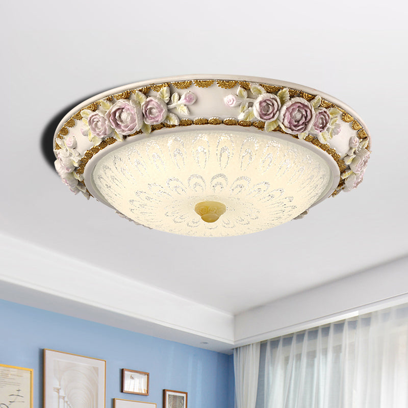 Traditional Dome Shaped Ceiling Lamp LED Milky Glass Flush Mount Lighting in White with Blossom Accent, 12