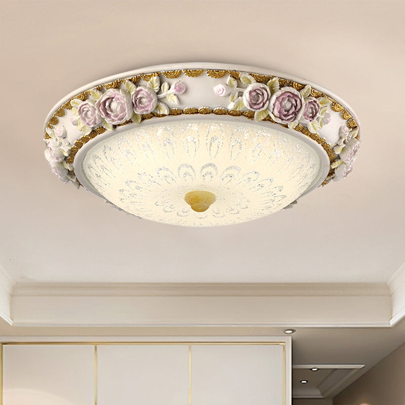 Traditional Dome Shaped Ceiling Lamp LED Milky Glass Flush Mount Lighting in White with Blossom Accent, 12