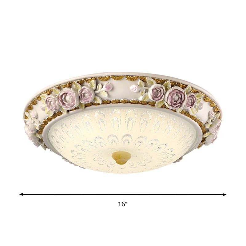 Traditional Dome Shaped Ceiling Lamp LED Milky Glass Flush Mount Lighting in White with Blossom Accent, 12