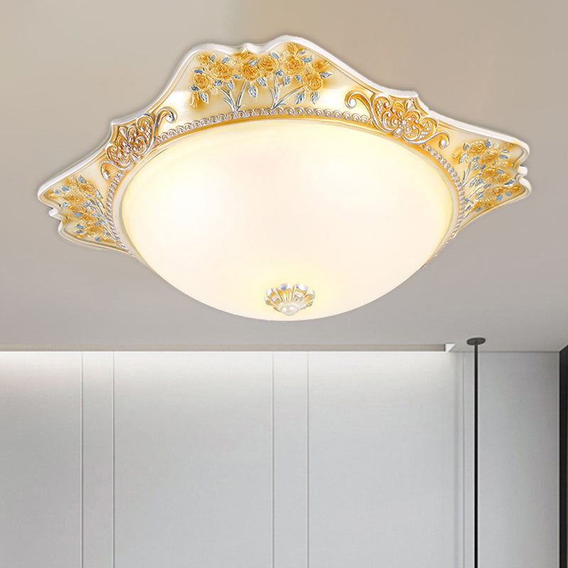 Yellow LED Ceiling Fixture Vintage Opaline Glass Dome Design Flush Mount Light with Carved Floral Accent, 12