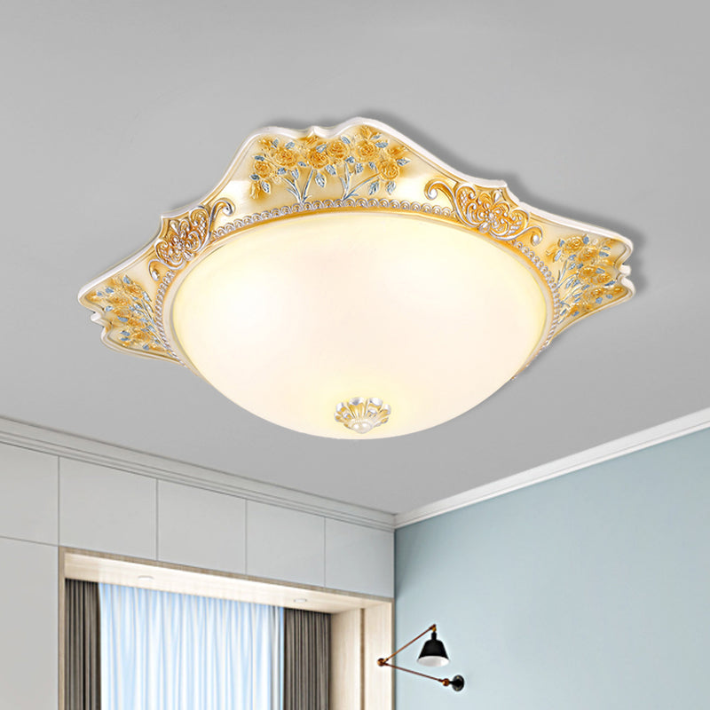 Yellow LED Ceiling Fixture Vintage Opaline Glass Dome Design Flush Mount Light with Carved Floral Accent, 12