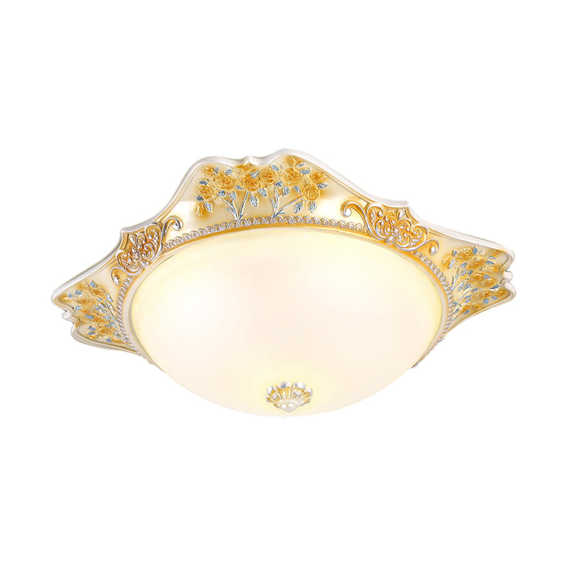 Yellow LED Ceiling Fixture Vintage Opaline Glass Dome Design Flush Mount Light with Carved Floral Accent, 12