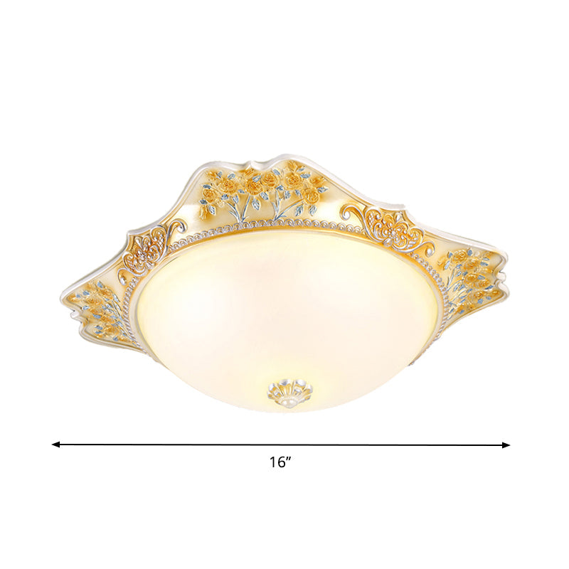 Yellow LED Ceiling Fixture Vintage Opaline Glass Dome Design Flush Mount Light with Carved Floral Accent, 12