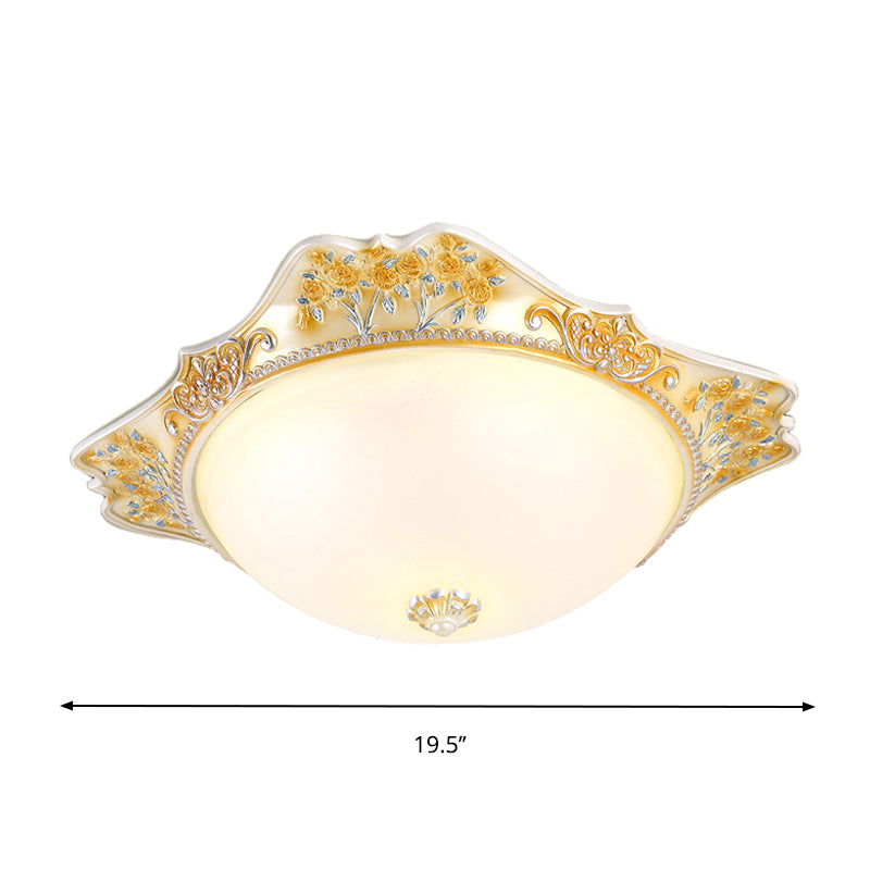 Yellow LED Ceiling Fixture Vintage Opaline Glass Dome Design Flush Mount Light with Carved Floral Accent, 12