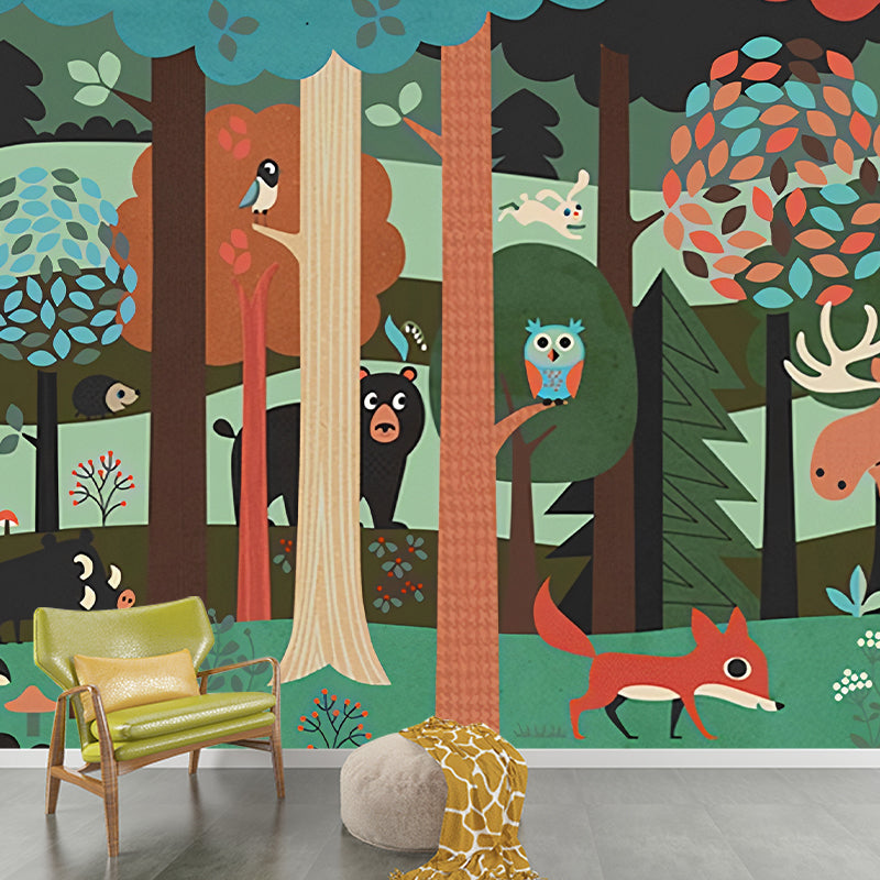 Cartoon Jungle Animal Mural Wallpaper for Child Room Custom Size Wall Art in Dark Color Clearhalo 'Wall Decor' 'Wall Mural' 1224408