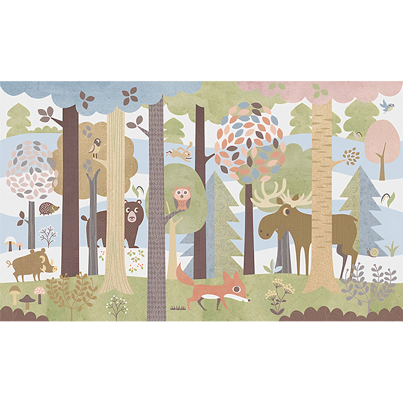 Cartoon Jungle Animal Mural Wallpaper for Child Room Custom Size Wall Art in Dark Color Clearhalo 'Wall Decor' 'Wall Mural' 1224414