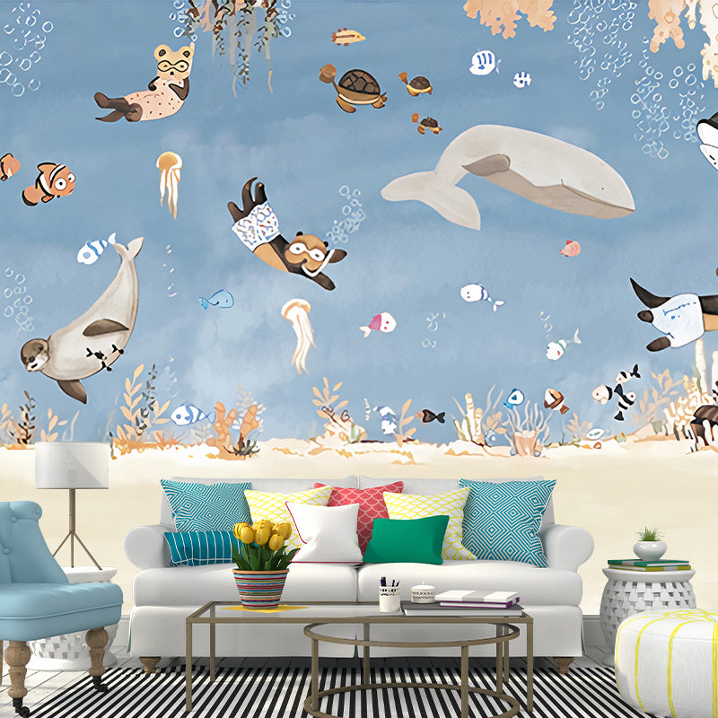 Cartoon Sea Underwater Diving Murals Soft-Color Stain Resistant Wall Decor for Kids Room Clearhalo 'Wall Decor' 'Wall Mural' 1224431