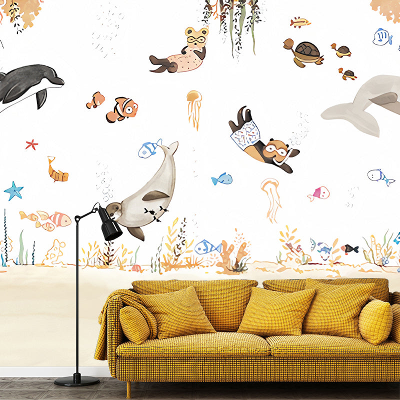 Cartoon Sea Underwater Diving Murals Soft-Color Stain Resistant Wall Decor for Kids Room Clearhalo 'Wall Decor' 'Wall Mural' 1224436