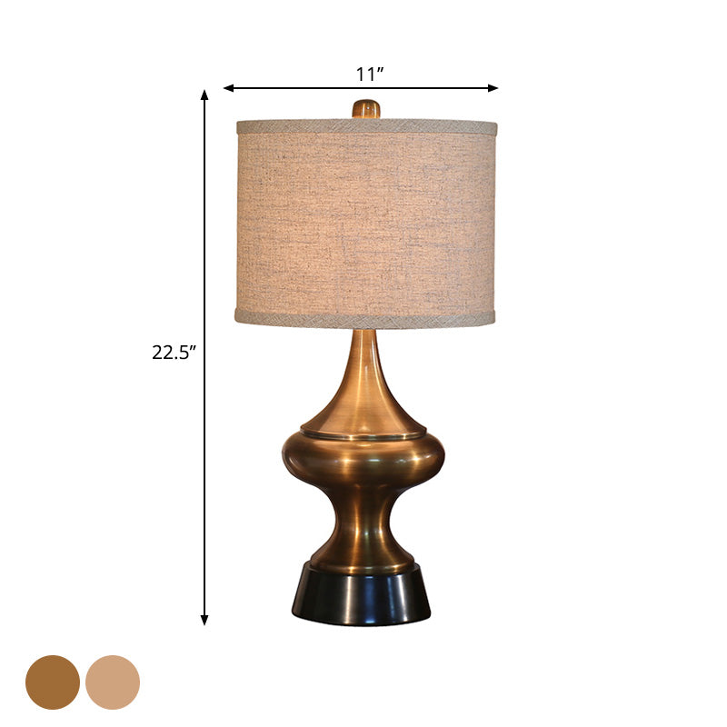 Bronze/Nickel Drum Shaped Desk Light Vintage Style Fabric 1 Light Guest Room Night Table Lamp Clearhalo 'Lamps' 'Table Lamps' Lighting' 1224493