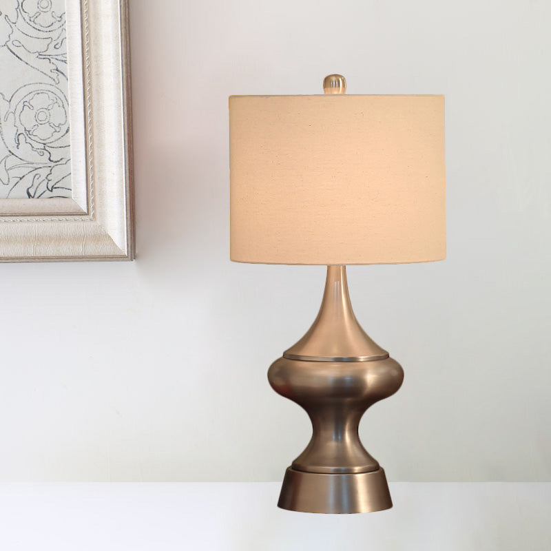 Bronze/Nickel Drum Shaped Desk Light Vintage Style Fabric 1 Light Guest Room Night Table Lamp Nickel Clearhalo 'Lamps' 'Table Lamps' Lighting' 1224494