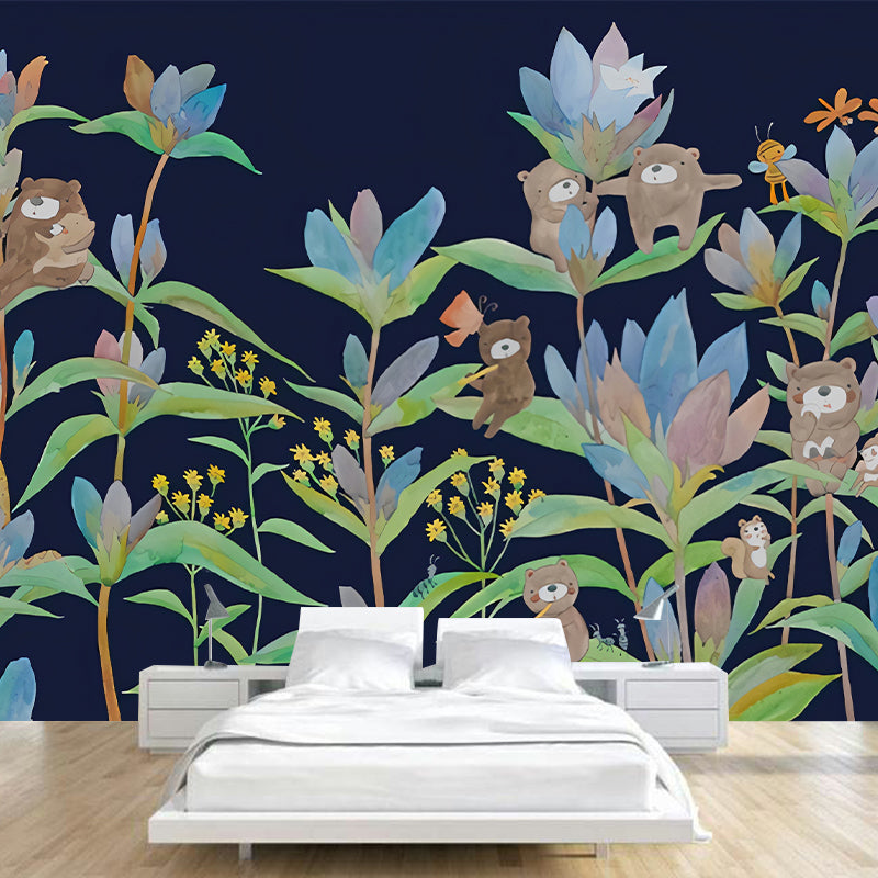 Bear in Flowers Wall Murals Childrens Art Waterproof Baby Room Wall Decor, Custom Size Available Clearhalo 'Wall Decor' 'Wall Mural' 1224530