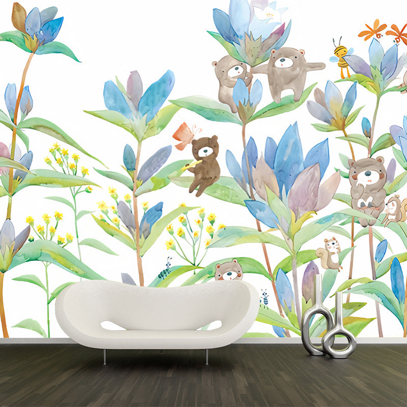 Bear in Flowers Wall Murals Childrens Art Waterproof Baby Room Wall Decor, Custom Size Available Clearhalo 'Wall Decor' 'Wall Mural' 1224540