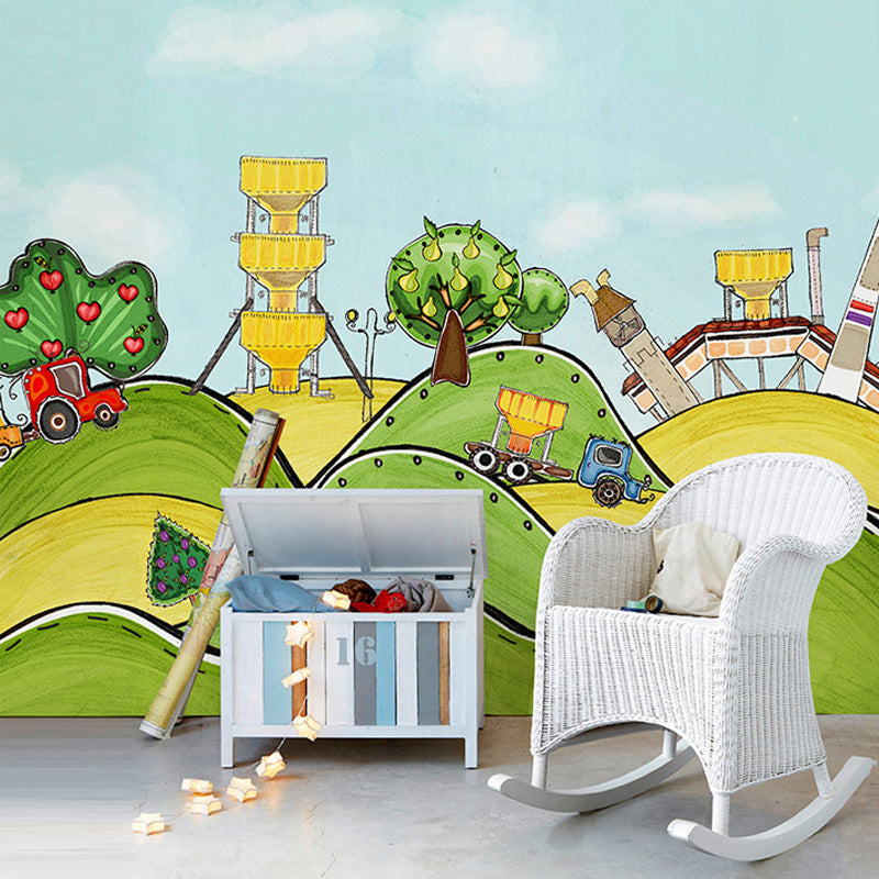 Cartoon Amusement Park Mural Decal for Childrens Bedroom Custom Wall Art in Green-Yellow Green-Yellow Clearhalo 'Wall Decor' 'Wall Mural' 1224552