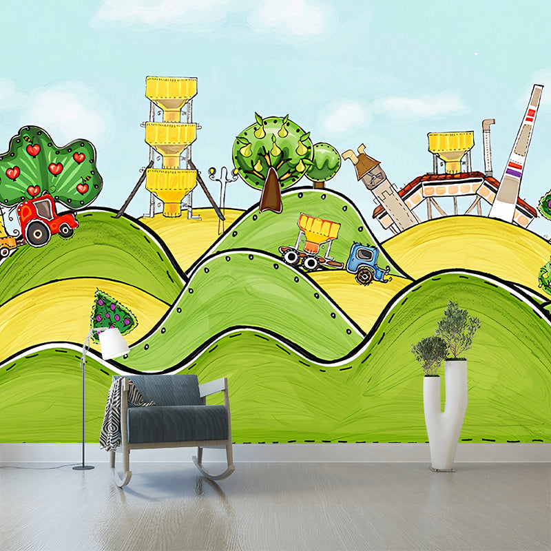 Cartoon Amusement Park Mural Decal for Childrens Bedroom Custom Wall Art in Green-Yellow Clearhalo 'Wall Decor' 'Wall Mural' 1224554