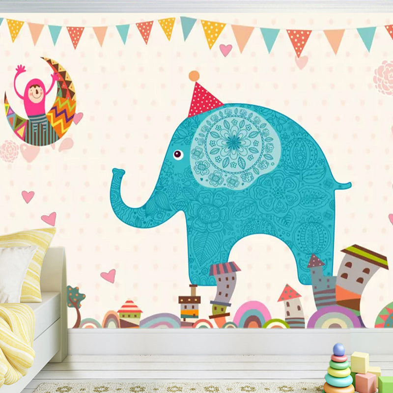 Blue Elephant Print Wall Murals Water Resistant Wall Covering for Nursery School Blue Clearhalo 'Wall Decor' 'Wall Mural' 1224557