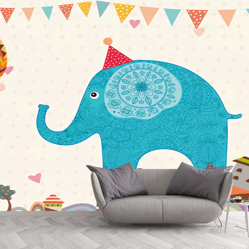 Blue Elephant Print Wall Murals Water Resistant Wall Covering for Nursery School Clearhalo 'Wall Decor' 'Wall Mural' 1224559