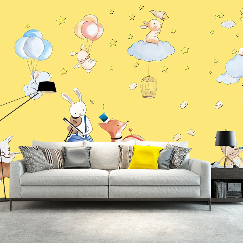 Animal Party Wall Paper Murals Cartoon Non-Woven Fabric Wall Art in Pastel Color Clearhalo 'Wall Decor' 'Wall Mural' 1224596