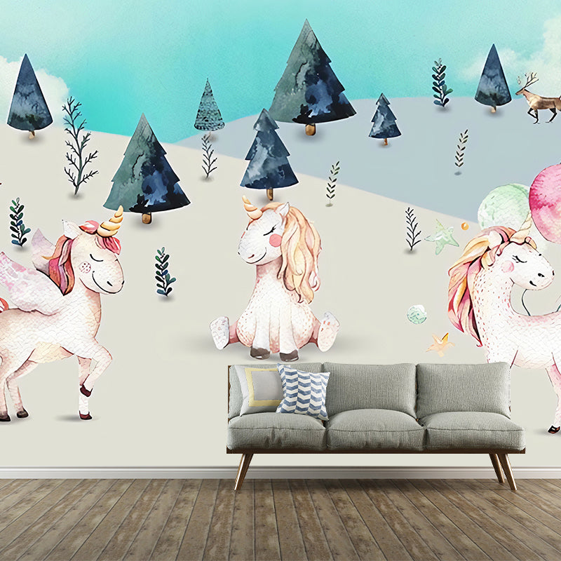 Pink-Blue Cartoon Wallpaper Murals Full Size Unicorn in Wilds Patterned Wall Decor for Kids Playroom Pink-Blue Clearhalo 'Wall Decor' 'Wall Mural' 1224605