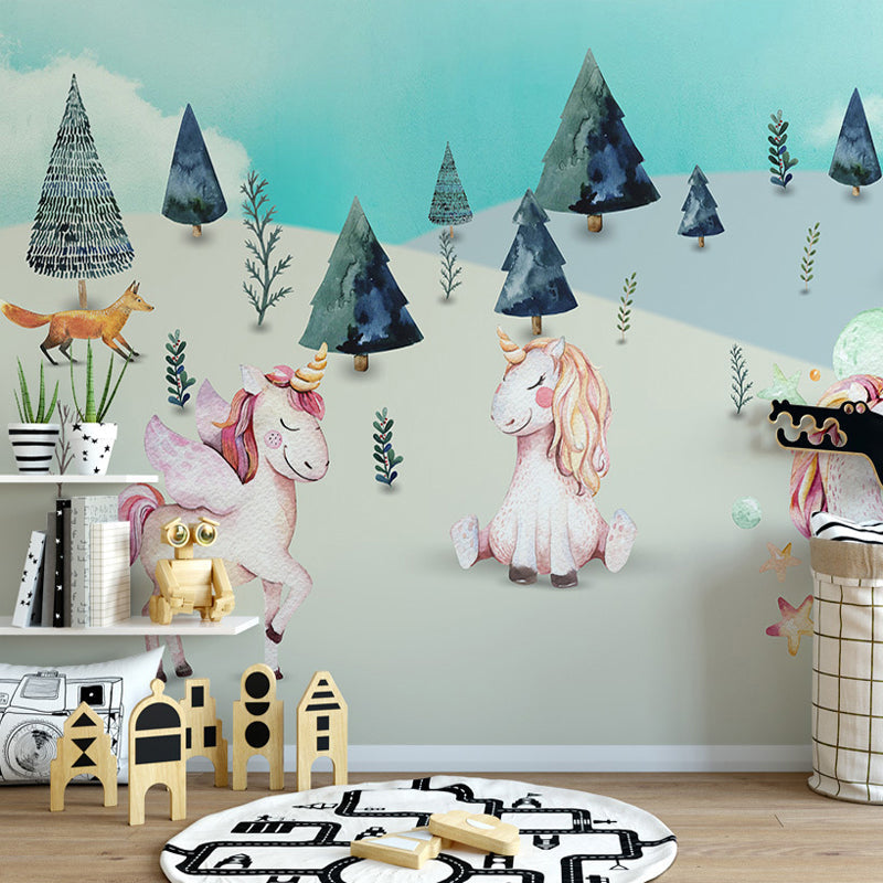 Pink-Blue Cartoon Wallpaper Murals Full Size Unicorn in Wilds Patterned Wall Decor for Kids Playroom Clearhalo 'Wall Decor' 'Wall Mural' 1224606