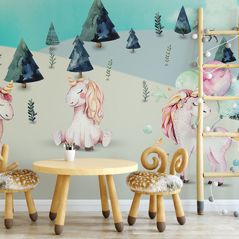 Pink-Blue Cartoon Wallpaper Murals Full Size Unicorn in Wilds Patterned Wall Decor for Kids Playroom Clearhalo 'Wall Decor' 'Wall Mural' 1224607