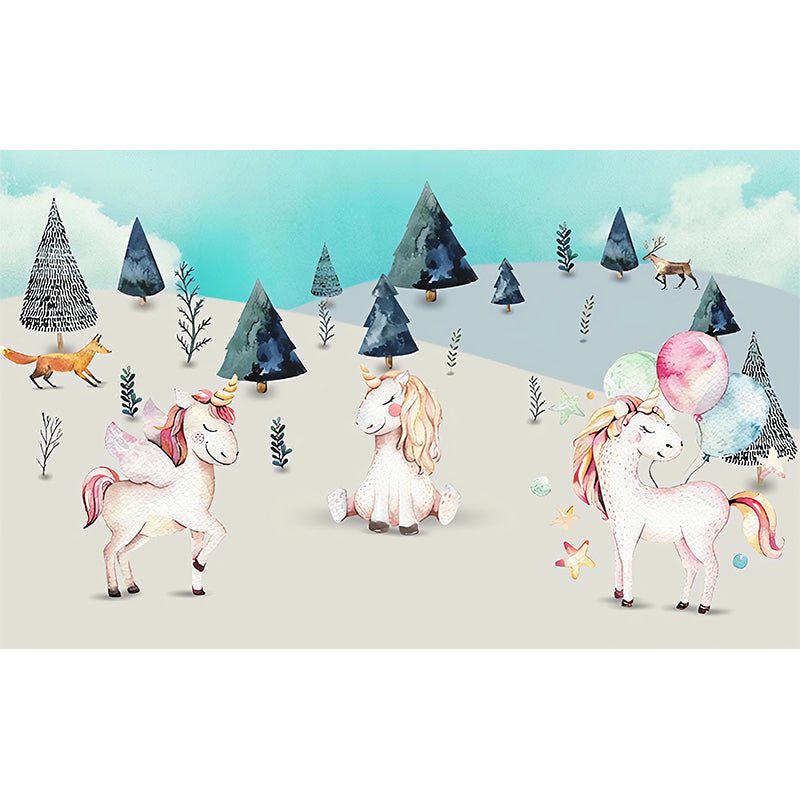 Pink-Blue Cartoon Wallpaper Murals Full Size Unicorn in Wilds Patterned Wall Decor for Kids Playroom Clearhalo 'Wall Decor' 'Wall Mural' 1224608