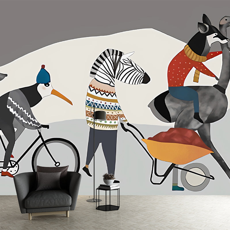 Cycling Animals Mural Wallpaper Cartoon Non-Woven Cloth Wall Covering in Grey-White Clearhalo 'Wall Decor' 'Wall Mural' 1224611