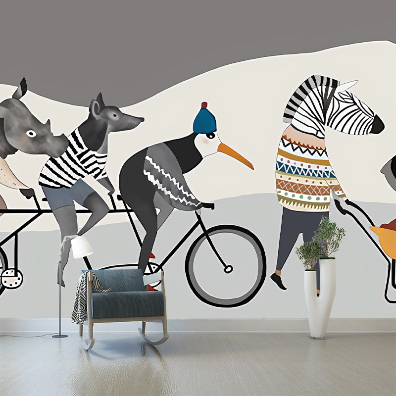 Cycling Animals Mural Wallpaper Cartoon Non-Woven Cloth Wall Covering in Grey-White Clearhalo 'Wall Decor' 'Wall Mural' 1224612