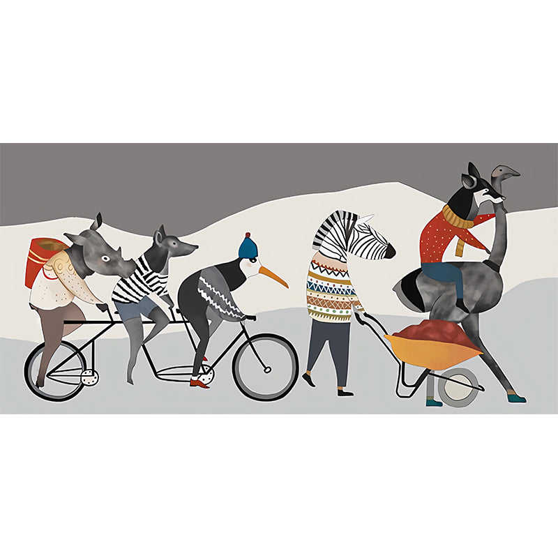 Cycling Animals Mural Wallpaper Cartoon Non-Woven Cloth Wall Covering in Grey-White Clearhalo 'Wall Decor' 'Wall Mural' 1224613