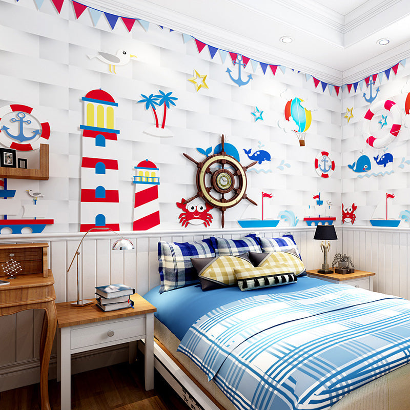 Childrens Art Cartoon Nautical Murals Blue and White Stain-Proof Wall Decor for Boys Room Blue-White Clearhalo 'Wall Decor' 'Wall Mural' 1224615