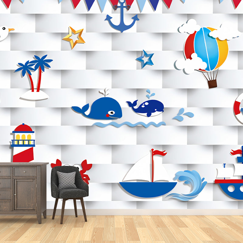 Childrens Art Cartoon Nautical Murals Blue and White Stain-Proof Wall Decor for Boys Room Clearhalo 'Wall Decor' 'Wall Mural' 1224616