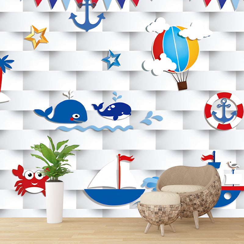 Childrens Art Cartoon Nautical Murals Blue and White Stain-Proof Wall Decor for Boys Room Clearhalo 'Wall Decor' 'Wall Mural' 1224617