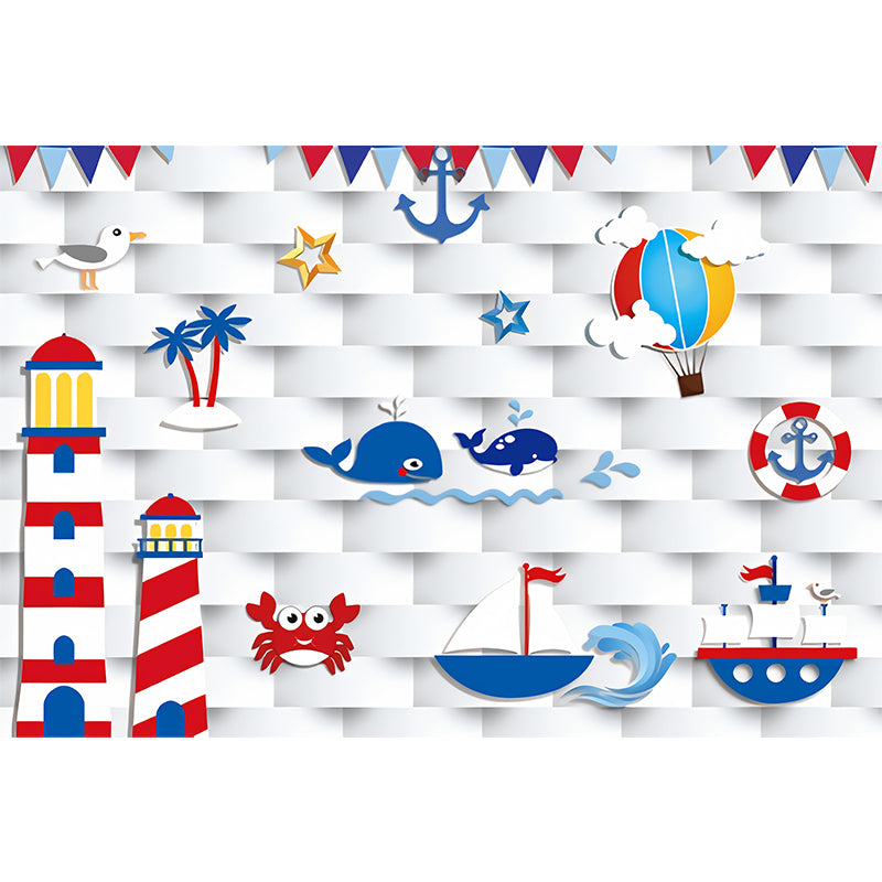 Childrens Art Cartoon Nautical Murals Blue and White Stain-Proof Wall Decor for Boys Room Clearhalo 'Wall Decor' 'Wall Mural' 1224618