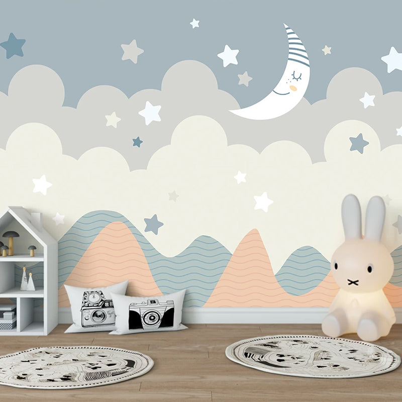 Starry Moon Night Mural Decal Light Blue and Grey Cartoon Wall Covering for Kids Room Clearhalo 'Wall Decor' 'Wall Mural' 1224621