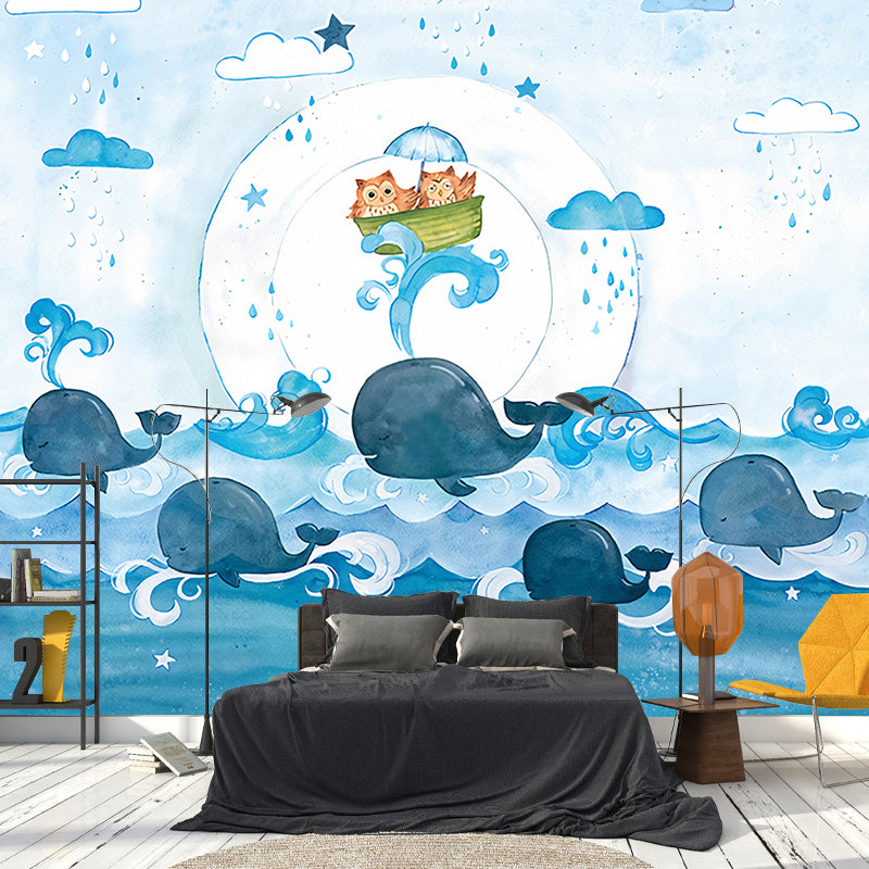 Cartoon Owl and Whales Murals Blue Sea Wall Decor for Childrens Bedroom, Optional Size Blue Clearhalo 'Wall Decor' 'Wall Mural' 1224625