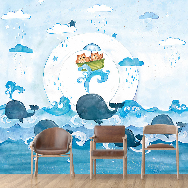 Cartoon Owl and Whales Murals Blue Sea Wall Decor for Childrens Bedroom, Optional Size Clearhalo 'Wall Decor' 'Wall Mural' 1224626