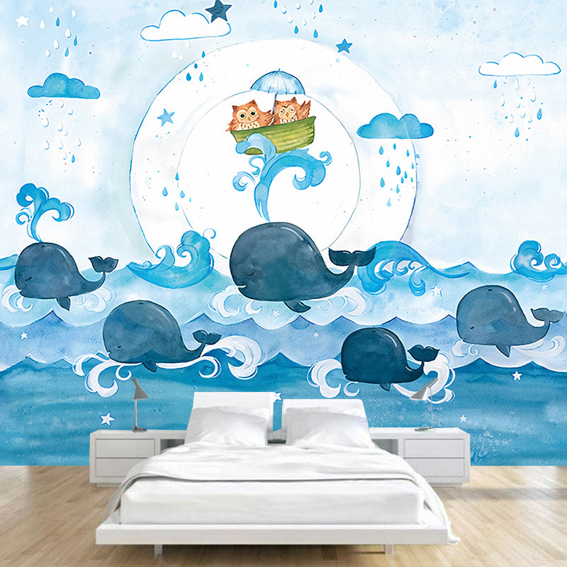 Cartoon Owl and Whales Murals Blue Sea Wall Decor for Childrens Bedroom, Optional Size Clearhalo 'Wall Decor' 'Wall Mural' 1224627