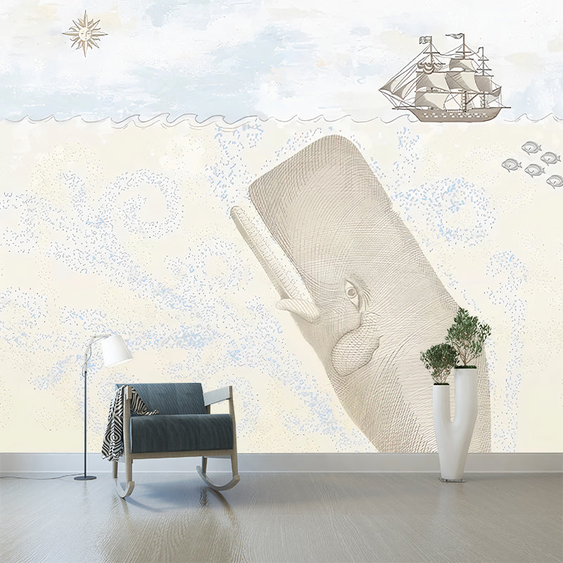 Full Size Childrens Art Mural Pastel Color Underwater Whale and Sailboat Wall Decor, Personalized Size Clearhalo 'Wall Decor' 'Wall Mural' 1224631