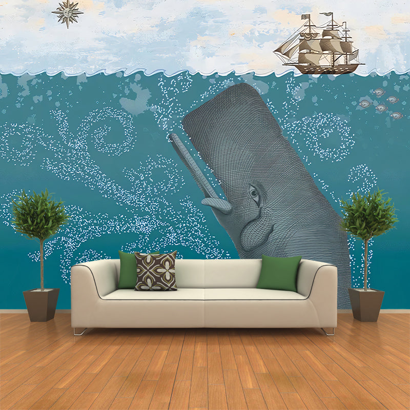 Full Size Childrens Art Mural Pastel Color Underwater Whale and Sailboat Wall Decor, Personalized Size Clearhalo 'Wall Decor' 'Wall Mural' 1224636