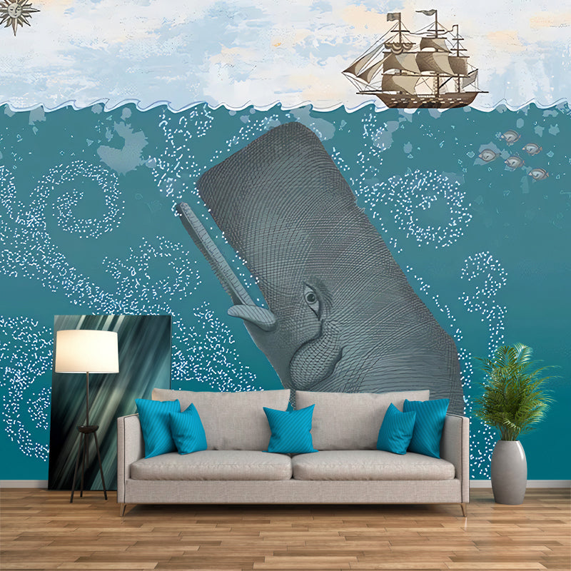 Full Size Childrens Art Mural Pastel Color Underwater Whale and Sailboat Wall Decor, Personalized Size Clearhalo 'Wall Decor' 'Wall Mural' 1224637