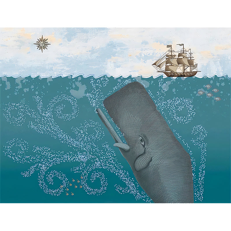 Full Size Childrens Art Mural Pastel Color Underwater Whale and Sailboat Wall Decor, Personalized Size Clearhalo 'Wall Decor' 'Wall Mural' 1224638