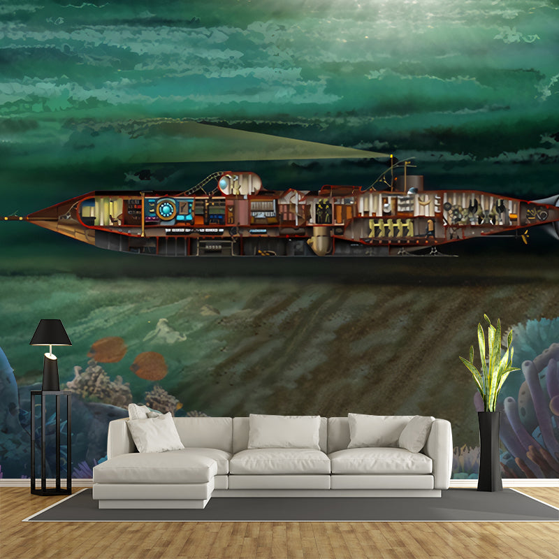 Childrens Art Submarine Wallpaper Murals for Boys Bedroom Personalized Wall Covering in Dark Color Clearhalo 'Wall Decor' 'Wall Mural' 1224645