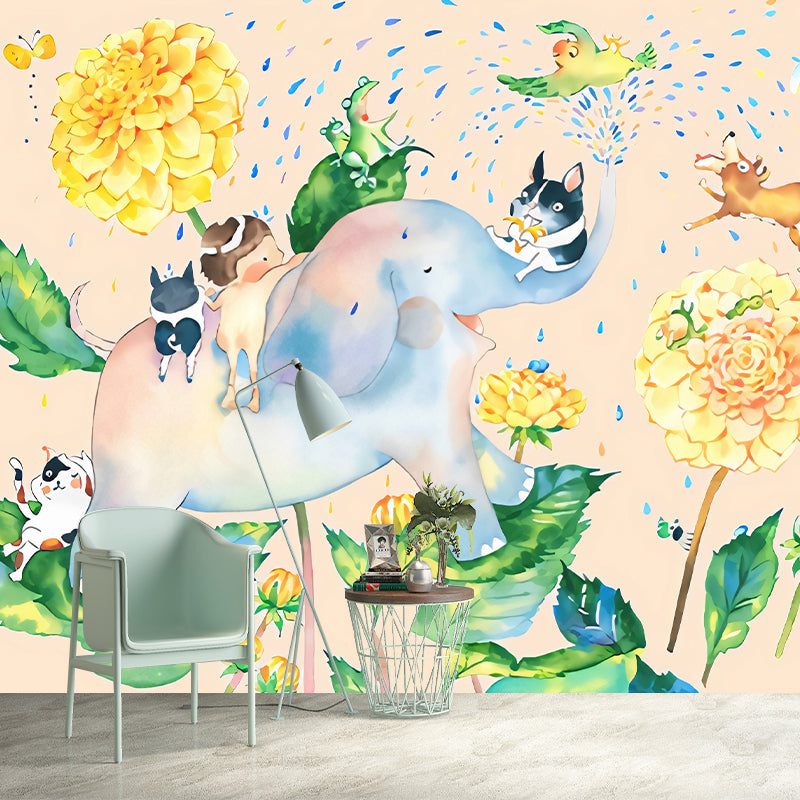 Cartoon Elephant Shower Mural Decal Pastel-Color Kids Bedroom Wall Decoration, Optional Size Clearhalo 'Wall Decor' 'Wall Mural' 1224670