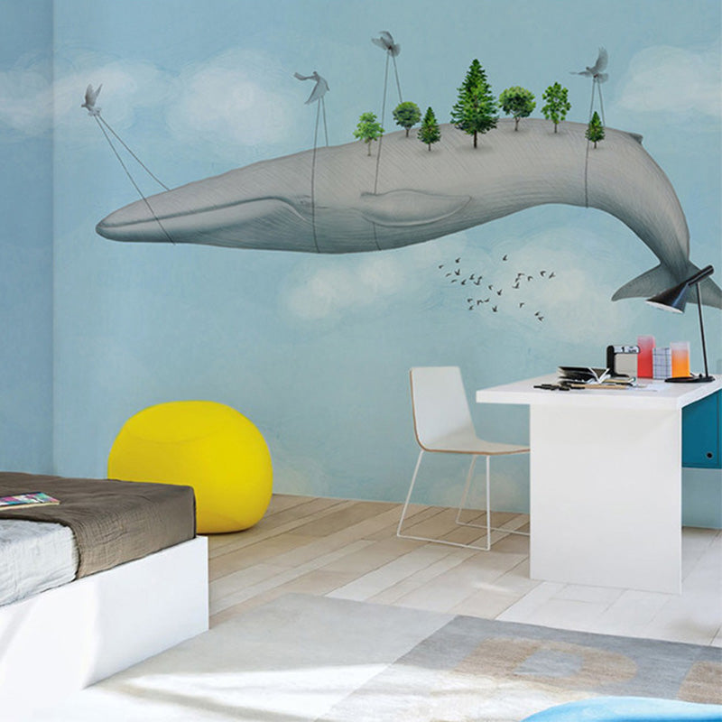 Light Color Flying Whale Murals Animal Cartoon Moisture Resistant Wall Art for Nursery Clearhalo 'Wall Decor' 'Wall Mural' 1224688