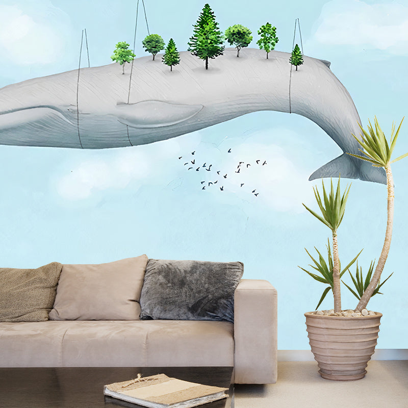 Light Color Flying Whale Murals Animal Cartoon Moisture Resistant Wall Art for Nursery Clearhalo 'Wall Decor' 'Wall Mural' 1224689