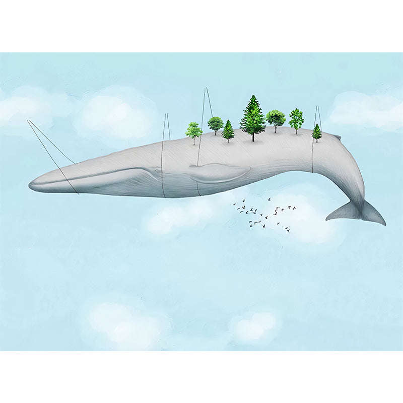 Light Color Flying Whale Murals Animal Cartoon Moisture Resistant Wall Art for Nursery Clearhalo 'Wall Decor' 'Wall Mural' 1224690