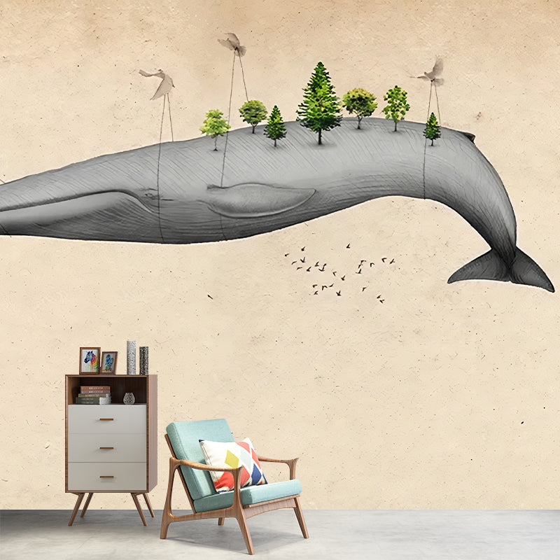 Light Color Flying Whale Murals Animal Cartoon Moisture Resistant Wall Art for Nursery Clearhalo 'Wall Decor' 'Wall Mural' 1224694