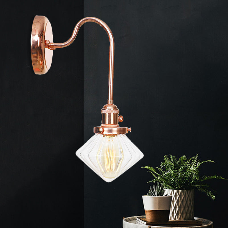 Clear/Amber Glass Copper Sconce Light Diamond 1 Light Farmhouse Wall Lighting Fixture for Bedroom Clear Clearhalo 'Art deco wall lights' 'Cast Iron' 'Glass' 'Industrial wall lights' 'Industrial' 'Middle century wall lights' 'Modern' 'Rustic wall lights' 'Tiffany' 'Traditional wall lights' 'Wall Lamps & Sconces' 'Wall Lights' Lighting' 1229821