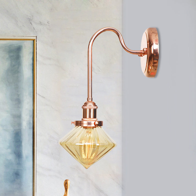 Clear/Amber Glass Copper Sconce Light Diamond 1 Light Farmhouse Wall Lighting Fixture for Bedroom Amber Clearhalo 'Art deco wall lights' 'Cast Iron' 'Glass' 'Industrial wall lights' 'Industrial' 'Middle century wall lights' 'Modern' 'Rustic wall lights' 'Tiffany' 'Traditional wall lights' 'Wall Lamps & Sconces' 'Wall Lights' Lighting' 1229823